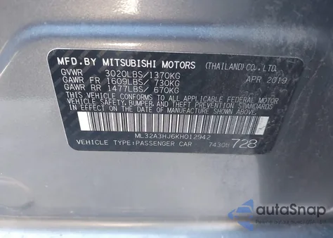 2019 Mitsubishi Mirage Es z USA, uszkodzony, nr VIN ML32A3HJ6KH012942